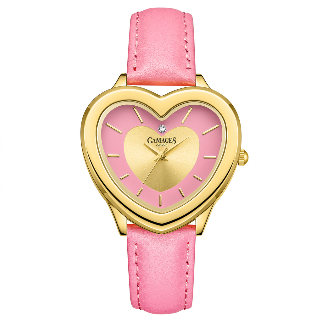 Gamages Of London Limited Edition Heartbeat Natural Diamond Swiss Movt. 3ATM Water Resistance Watch With Genuine Leather Strap - Pink (with 5 Year Warranty)_8152339
