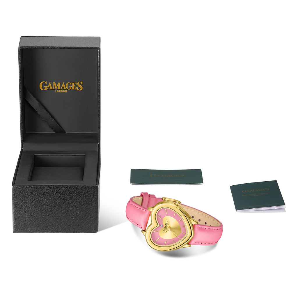 Gamages Of London Limited Edition Heartbeat Natural Diamond Swiss Movt. 3ATM Water Resistance Watch With Genuine Leather Strap - Pink (with 5 Year Warranty)_8152339_4