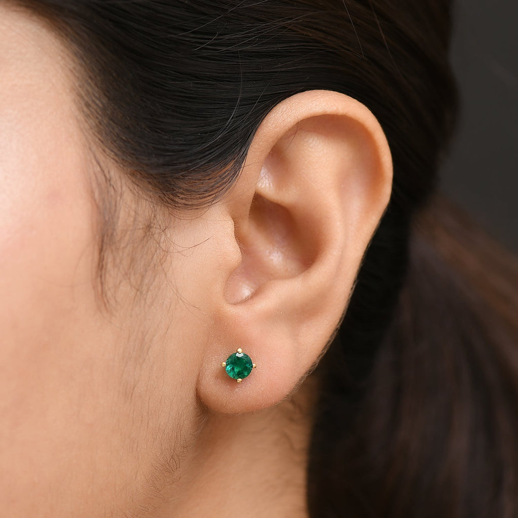 D'Joy - Lab Grown Emerald Solitaire Stud Earring with Push Back in Platinum Overlay Sterling Silver