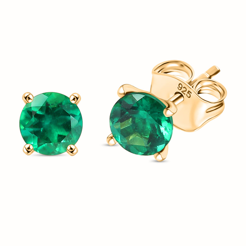 D'Joy - Lab Grown Emerald Solitaire Stud Earring with Push Back in Platinum Overlay Sterling Silver