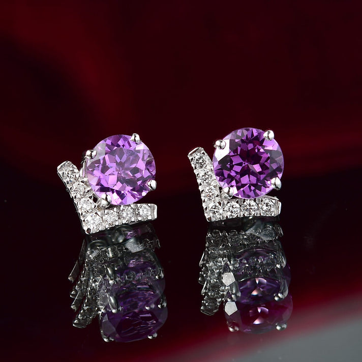 Certified and Appraised LUXURIANT AAA Lab Grown Purple Sapphire, Lab Grown Diamond Solitaire Stud Push Post Earring in 10K White Gold, 3.93 Ct. (GH, SI) 8155625 2