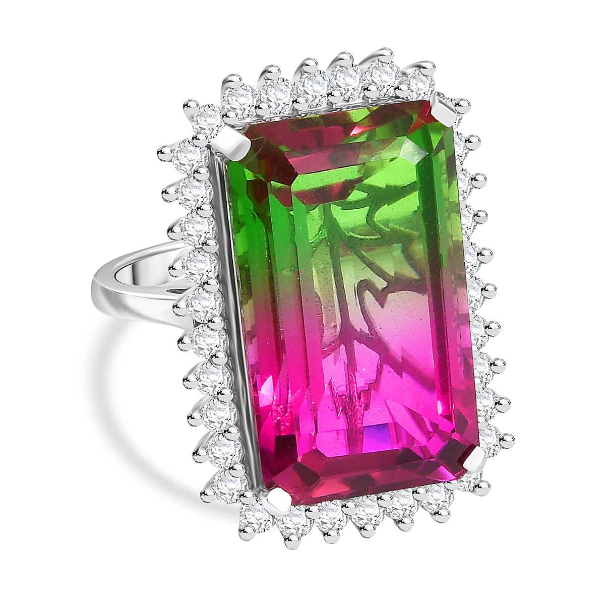 Watermelon Quartz Triplet &amp; White Zircon Solitaire Ring in Rhodium Overlay Sterling Silver 24.59 Ct. V32526333 0