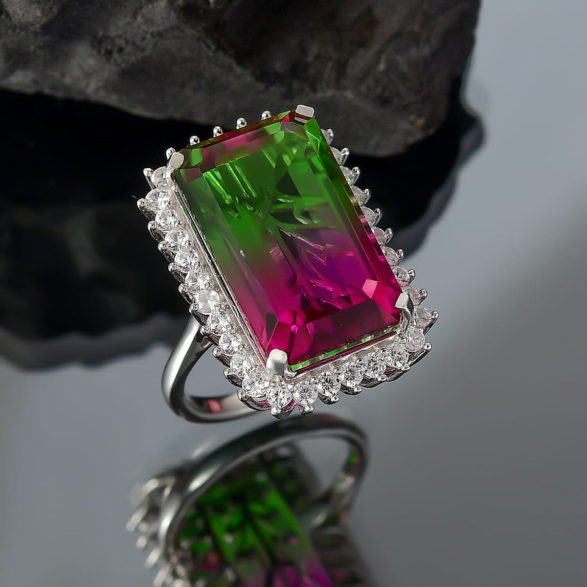 Watermelon Quartz Triplet &amp; White Zircon Solitaire Ring in Rhodium Overlay Sterling Silver 24.59 Ct. V32526333 2