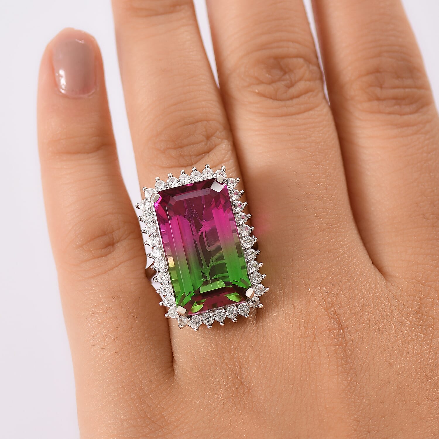 Watermelon Quartz Triplet &amp; White Zircon Solitaire Ring in Rhodium Overlay Sterling Silver 24.59 Ct. V32526333 3