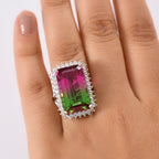 Watermelon Quartz Triplet & White Zircon Solitaire Ring in Rhodium Overlay Sterling Silver 24.59 Ct._8158143_2