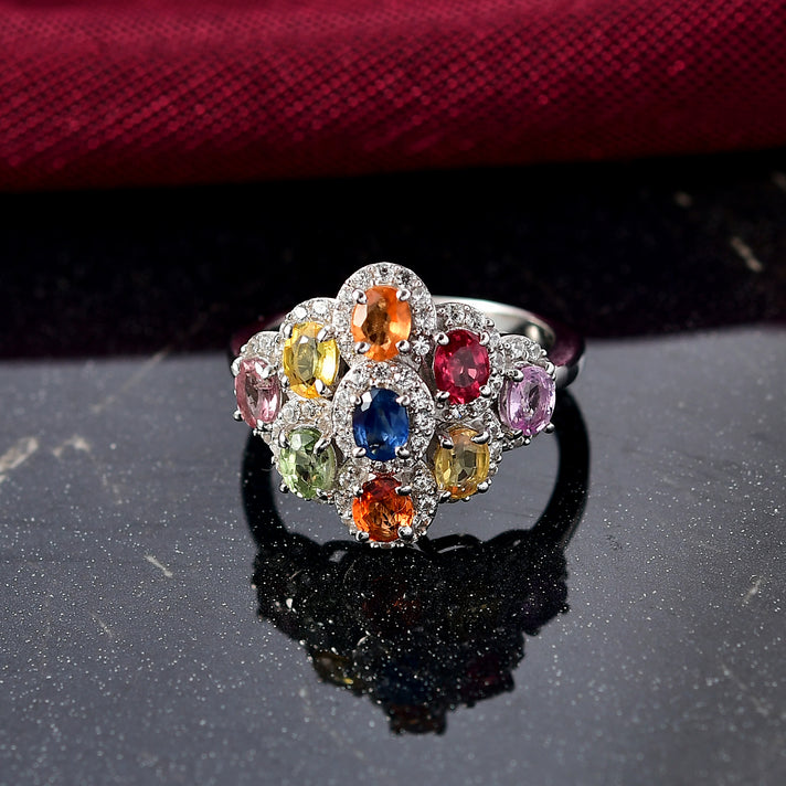 Multi Sapphire, White Zircon Cluster Ring in Rhodium OverlaySterling Silver  2.890  Ct. 8160786 2