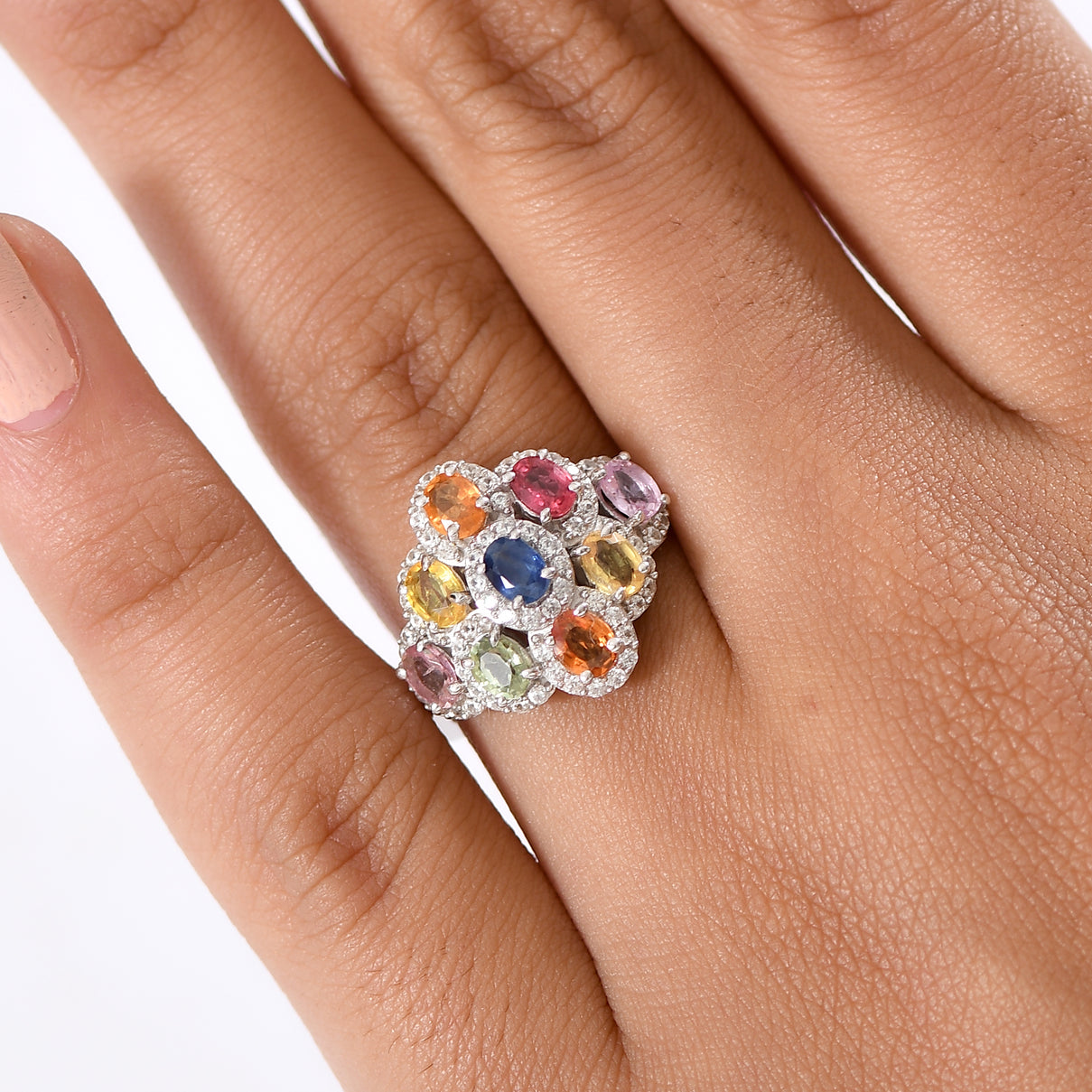 Multi Sapphire, White Zircon Cluster Ring in Rhodium OverlaySterling Silver  2.890  Ct. V32521535 3