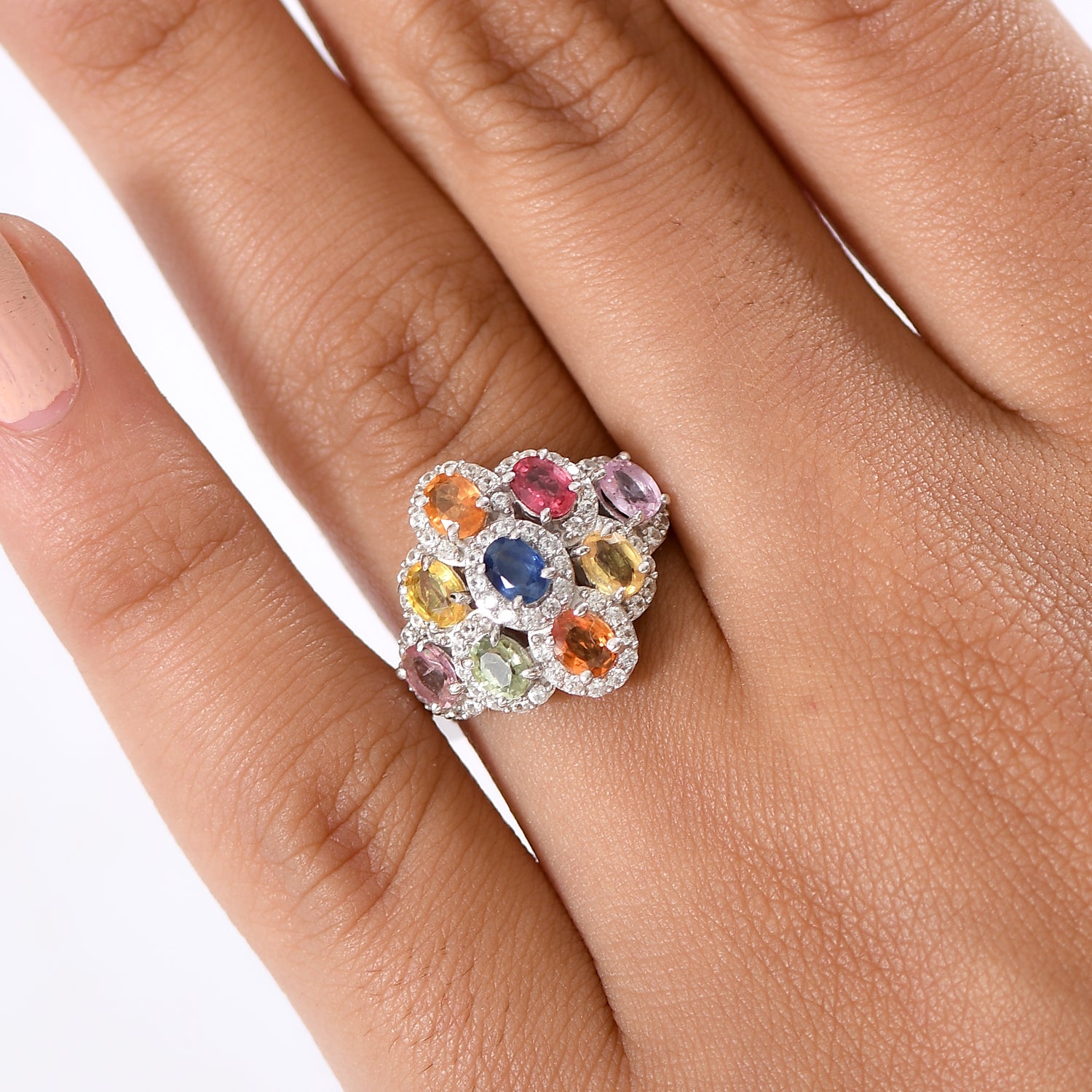 Multi Sapphire, White Zircon Cluster Ring in Rhodium OverlaySterling Silver  2.890  Ct. V32521535 3