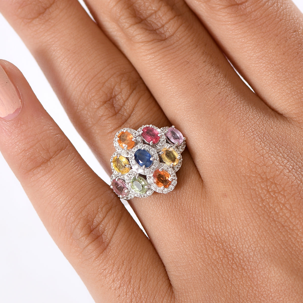 Multi Sapphire, White Zircon Cluster Ring in Rhodium OverlaySterling Silver  2.890  Ct. V32540085 3
