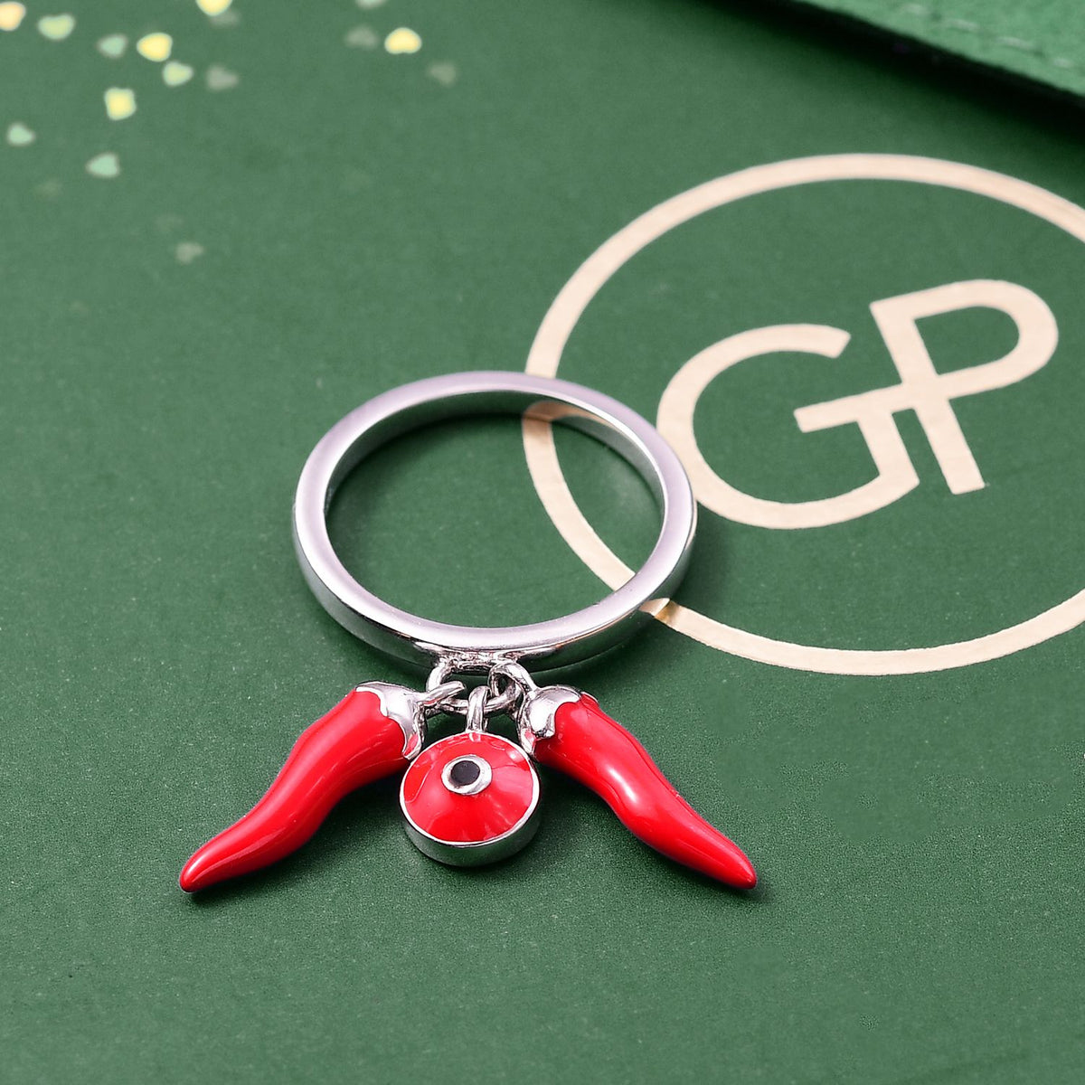 GP Chilli Pepper Collection - Enamelled Red Chilli Charm Ring in Rhodium Overlay Sterling Silver 8161020 2