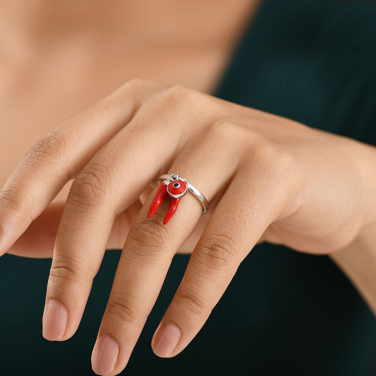 GP Chilli Pepper Collection - Enamelled Red Chilli Charm Ring in Rhodium Overlay Sterling Silver 8161020 3