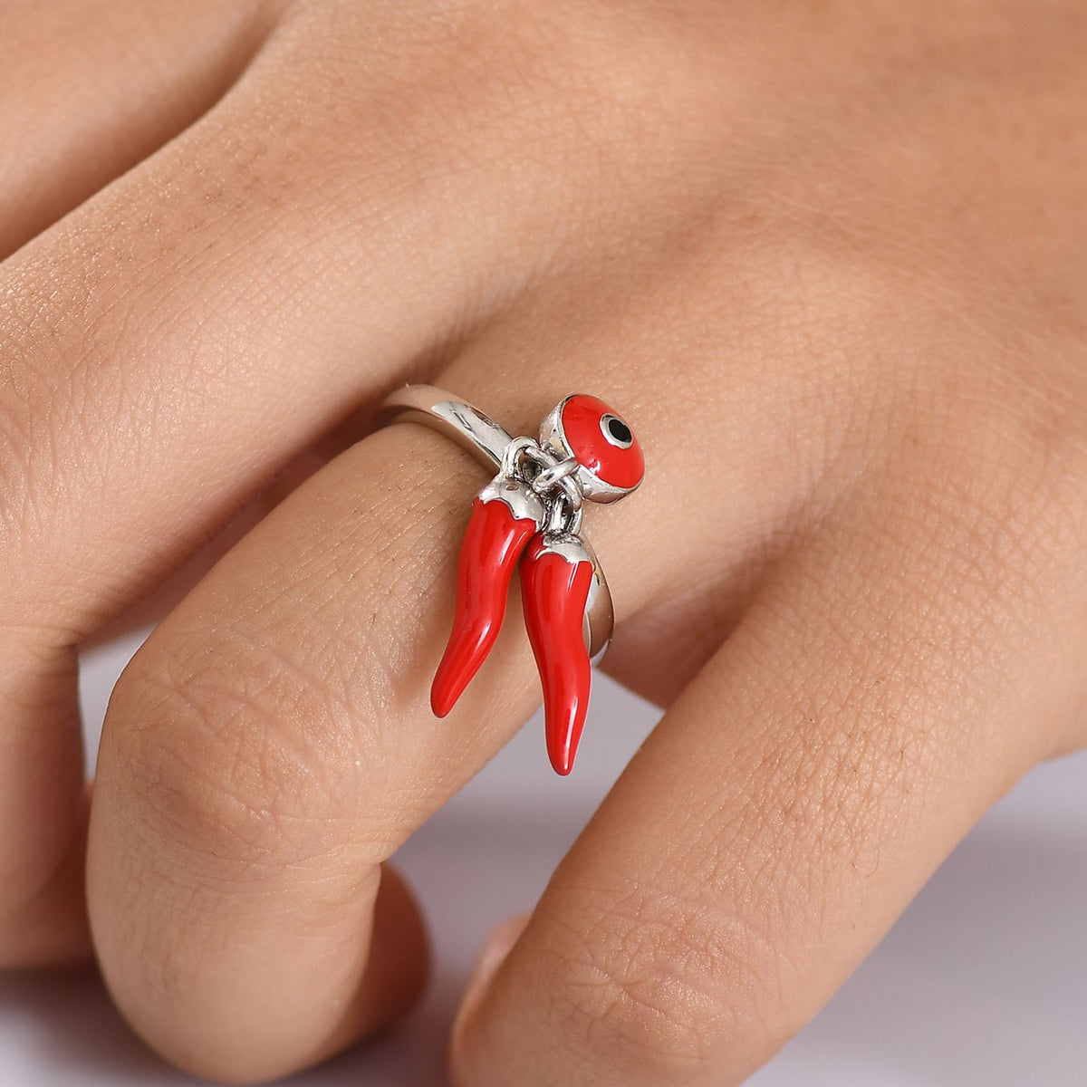 GP Chilli Pepper Collection - Enamelled Red Chilli Charm Ring in Rhodium Overlay Sterling Silver 8161020 4