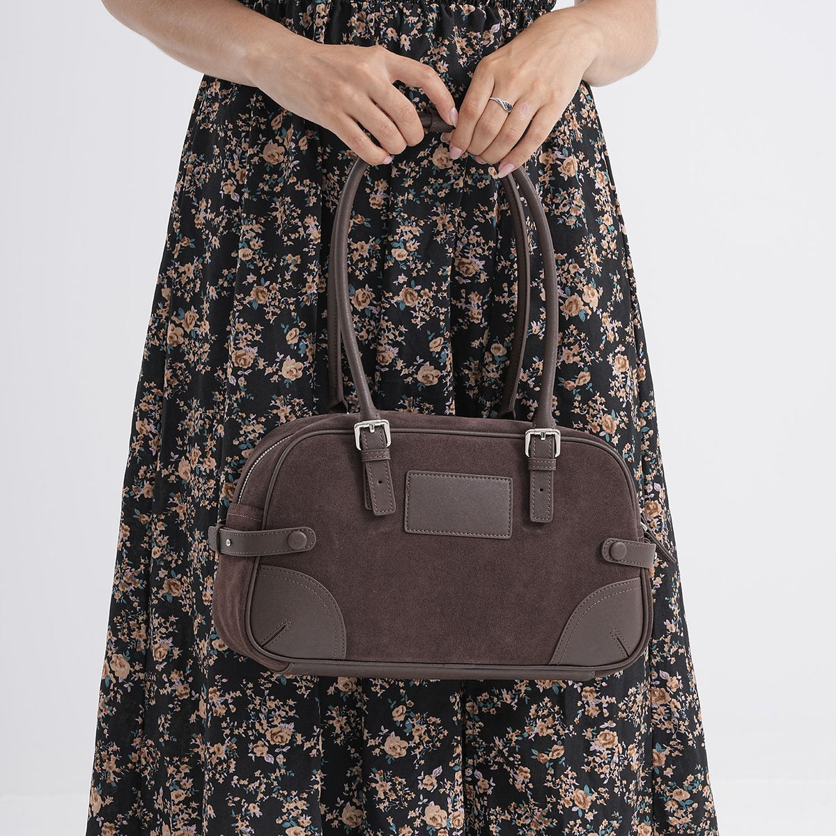 Two-Tone Genuine Leather Structured Bowling Bag - Dark Coffee V32587106 3
