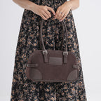Two-Tone Genuine Leather Structured Bowling Bag - Dark Coffee_8161094_2