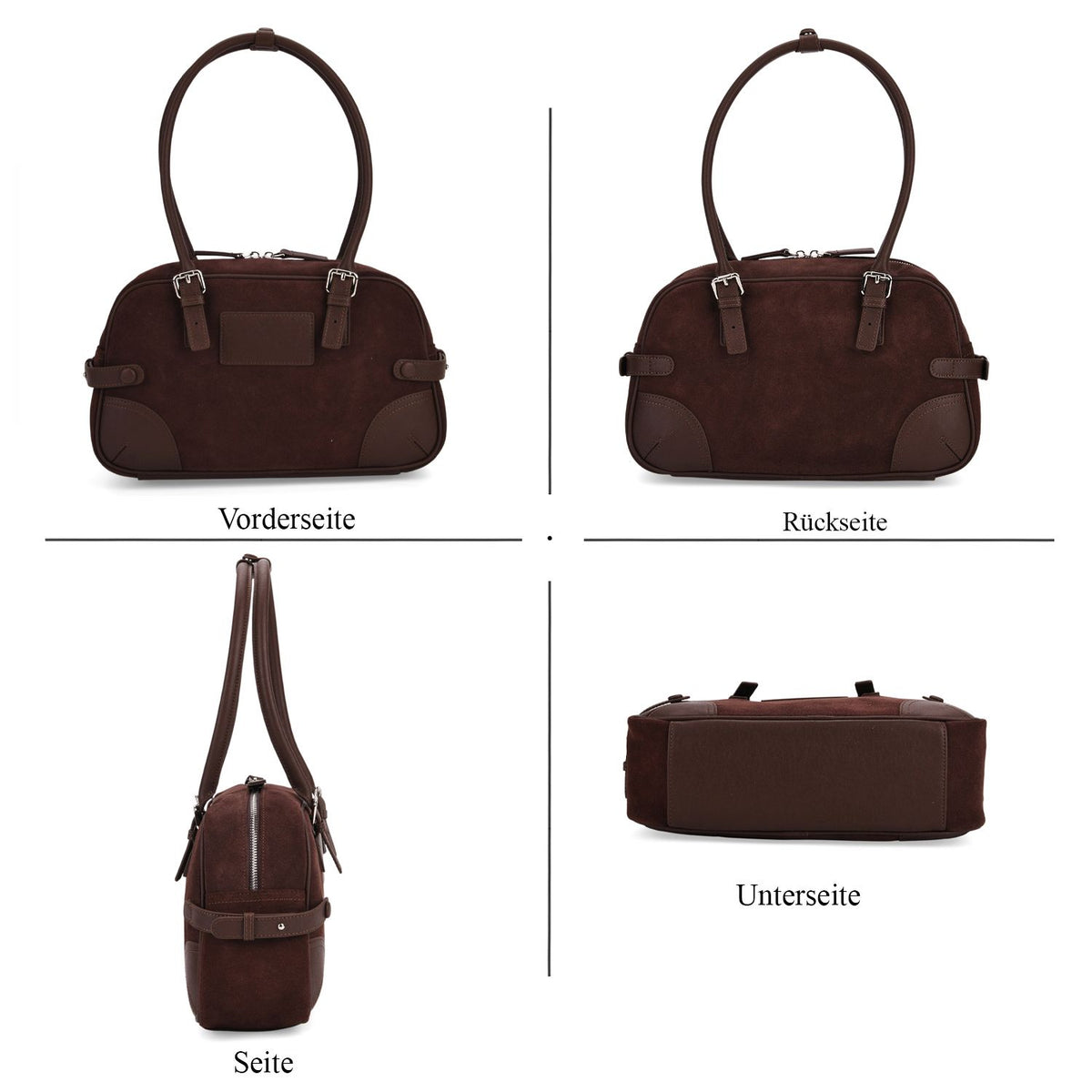 Two-Tone Genuine Leather Structured Bowling Bag - Dark Coffee V32587106 4