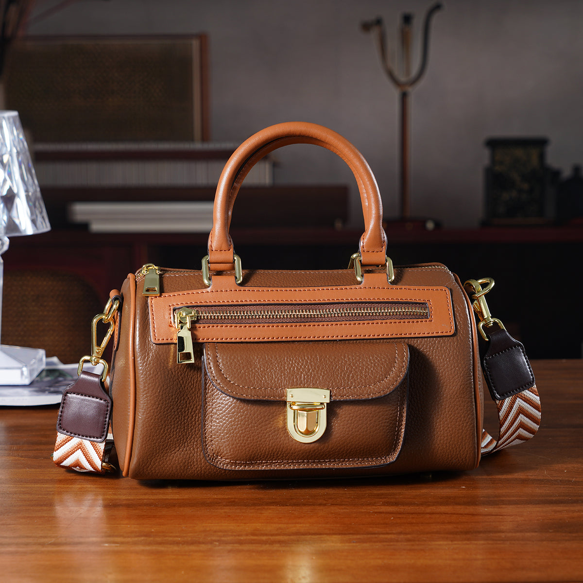 Genuine Leather Bandouliere Crossbody Bag - Brown V32528971 2