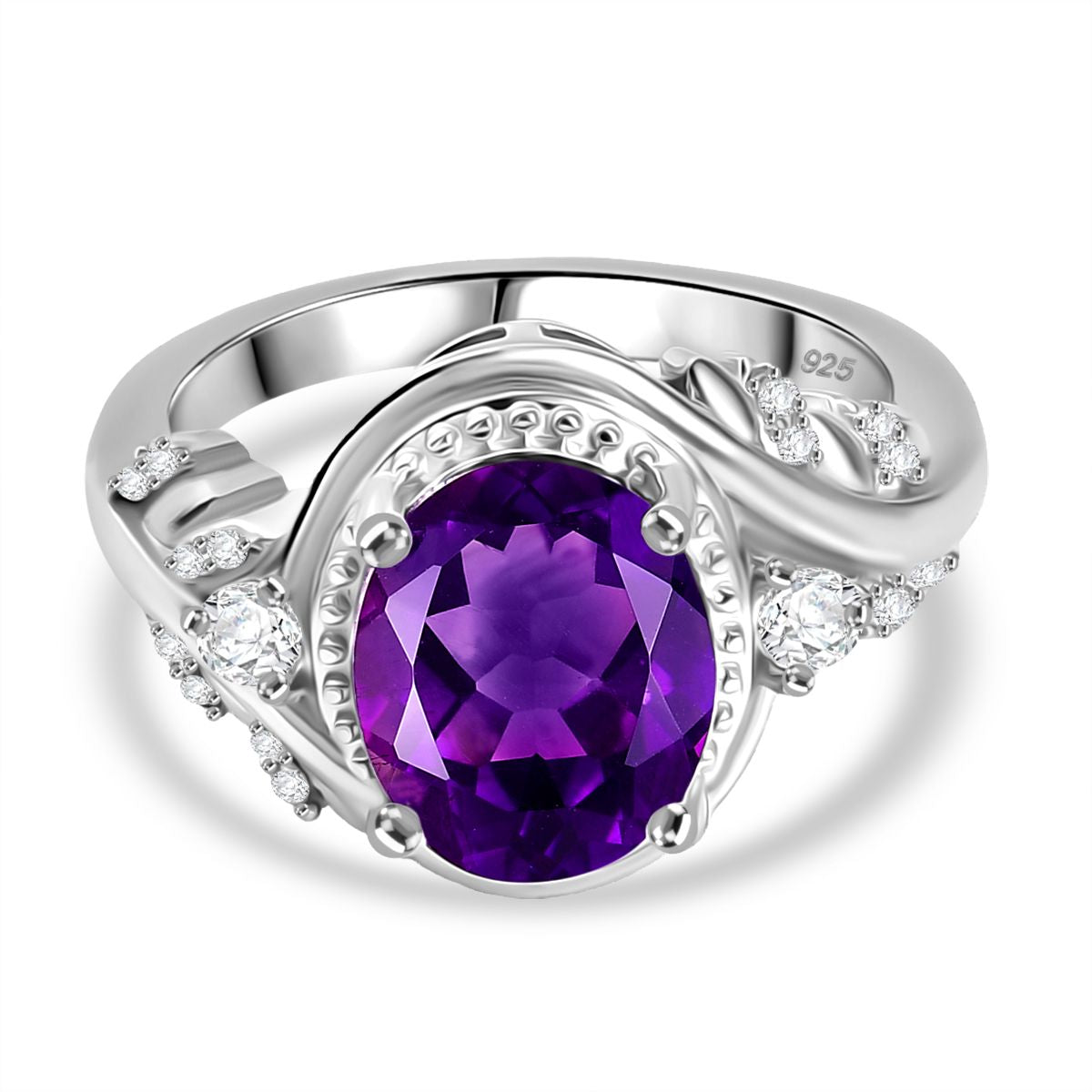 Natural Moroccan Amethyst &amp; White Zircon Leafy Grace Ring in Rhodium Overlay Sterling Silver 2.83 Ct. V32530581 0