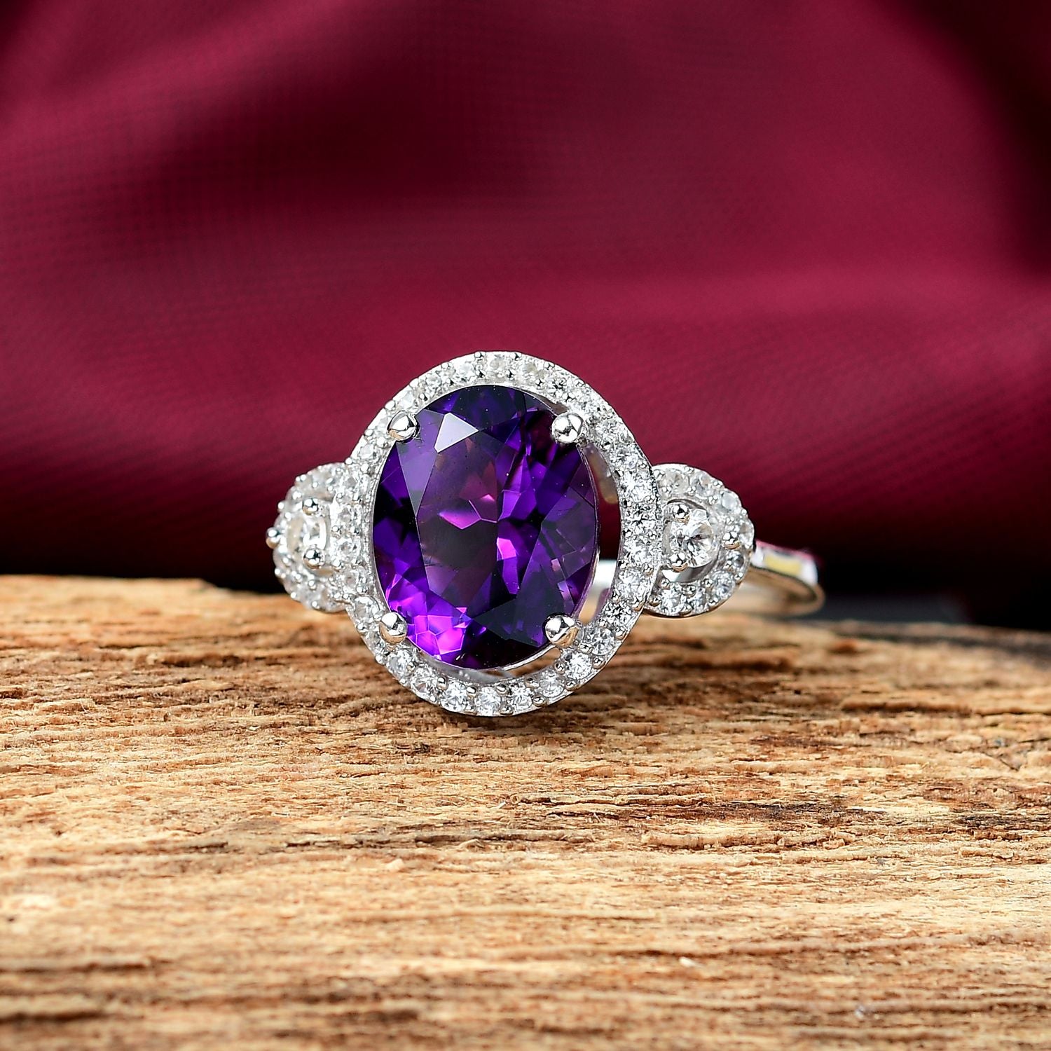 Natural Moroccan Amethyst &amp; White Zircon Classic Garden Glow Ring in Rhodium Overlay Sterling Silver 3.00 Ct. V32516289 2