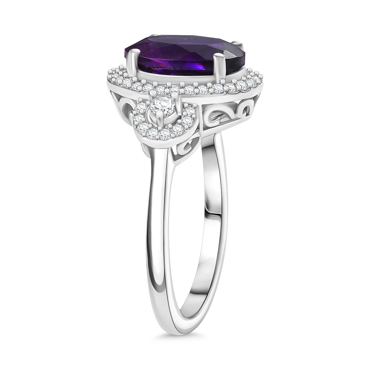 Natural Moroccan Amethyst &amp; White Zircon Classic Garden Glow Ring in Rhodium Overlay Sterling Silver 3.00 Ct. V32516289 4