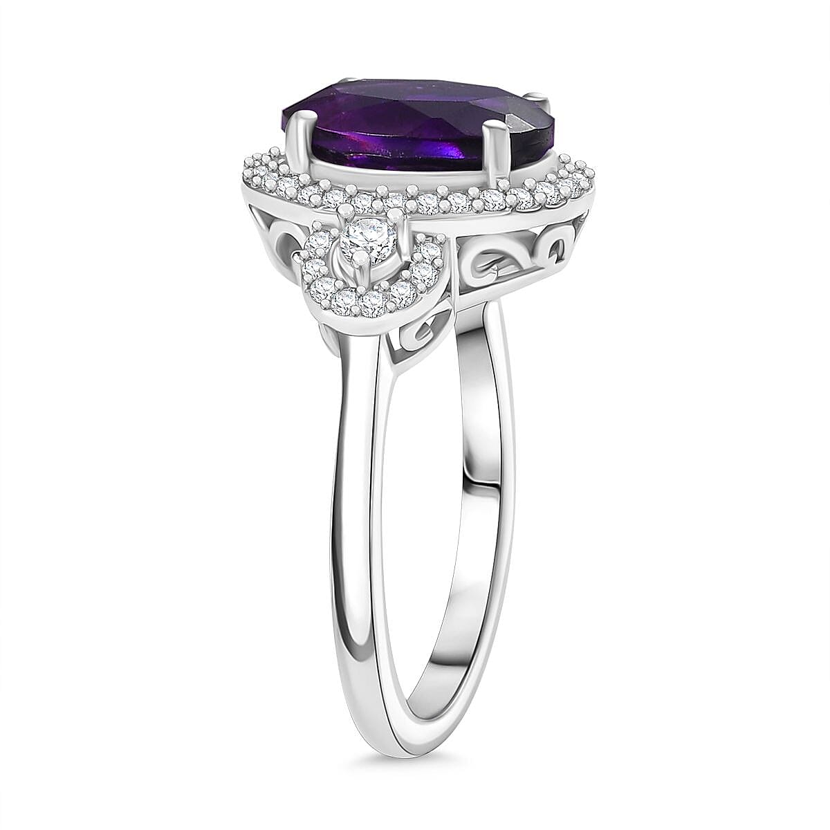 Natural Moroccan Amethyst &amp; White Zircon Classic Garden Glow Ring in Rhodium Overlay Sterling Silver 3.00 Ct. V32576841 4