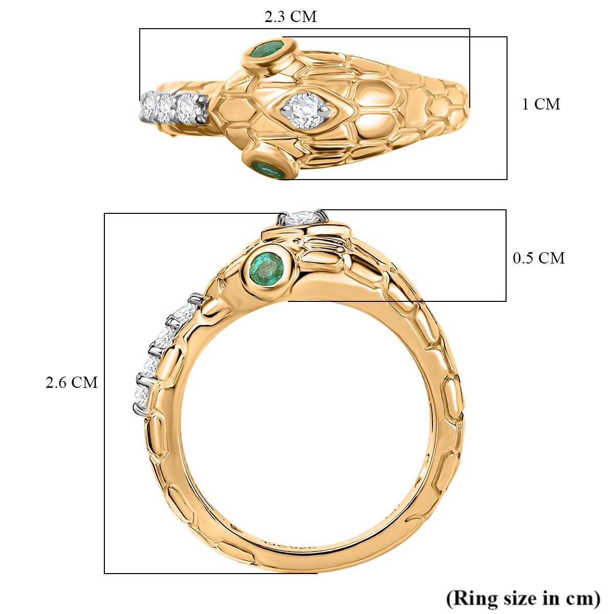 GP Serpentine Collection - White Sapphire, Zambian Emerald Snake Ring in 18K Vermeil Yellow Gold Plated Sterling Silver 8162856 7