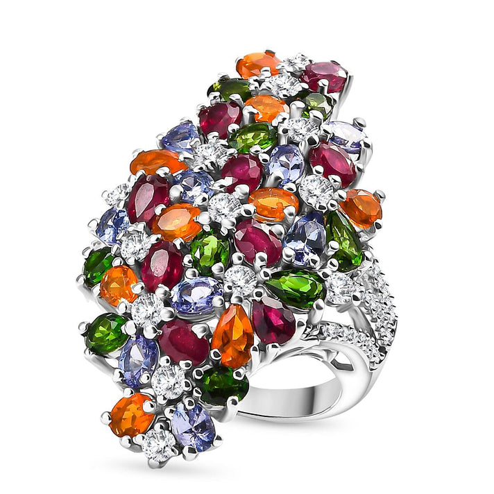 Tanzanite, Fire Opal and Multi Gemstones Elongated Floral Ring in Rhodium Overlay Sterling Silver 8.34 Ct. 8163232 1