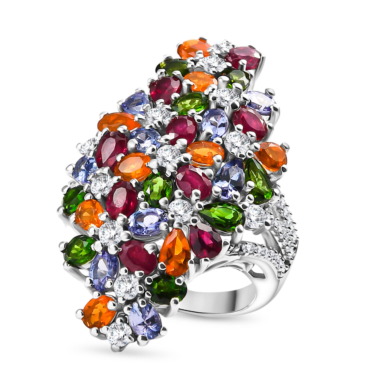 Tanzanite, Fire Opal and Multi Gemstones Elongated Floral Ring in Rhodium Overlay Sterling Silver 8.34 Ct. 8163235 0