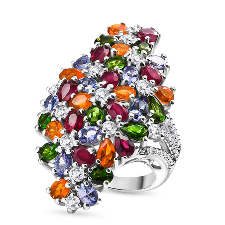 Tanzanite, Fire Opal and Multi Gemstones Elongated Floral Ring in Rhodium Overlay Sterling Silver 8.34 Ct. 8163235 1