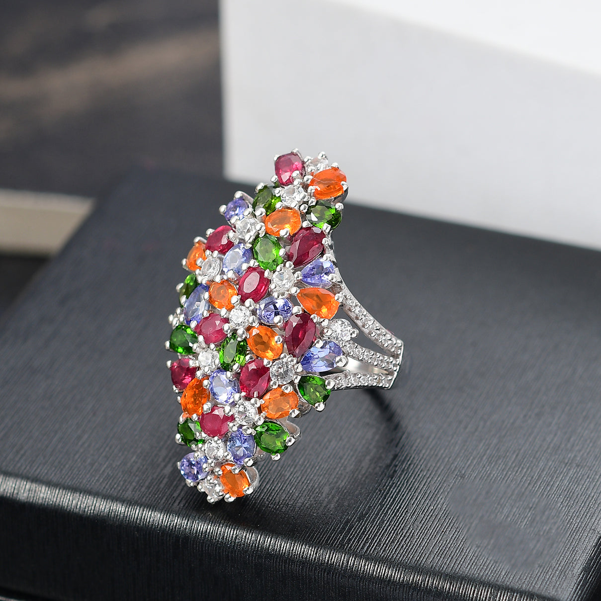 Tanzanite, Fire Opal and Multi Gemstones Elongated Floral Ring in Rhodium Overlay Sterling Silver 8.34 Ct. 8163235 2