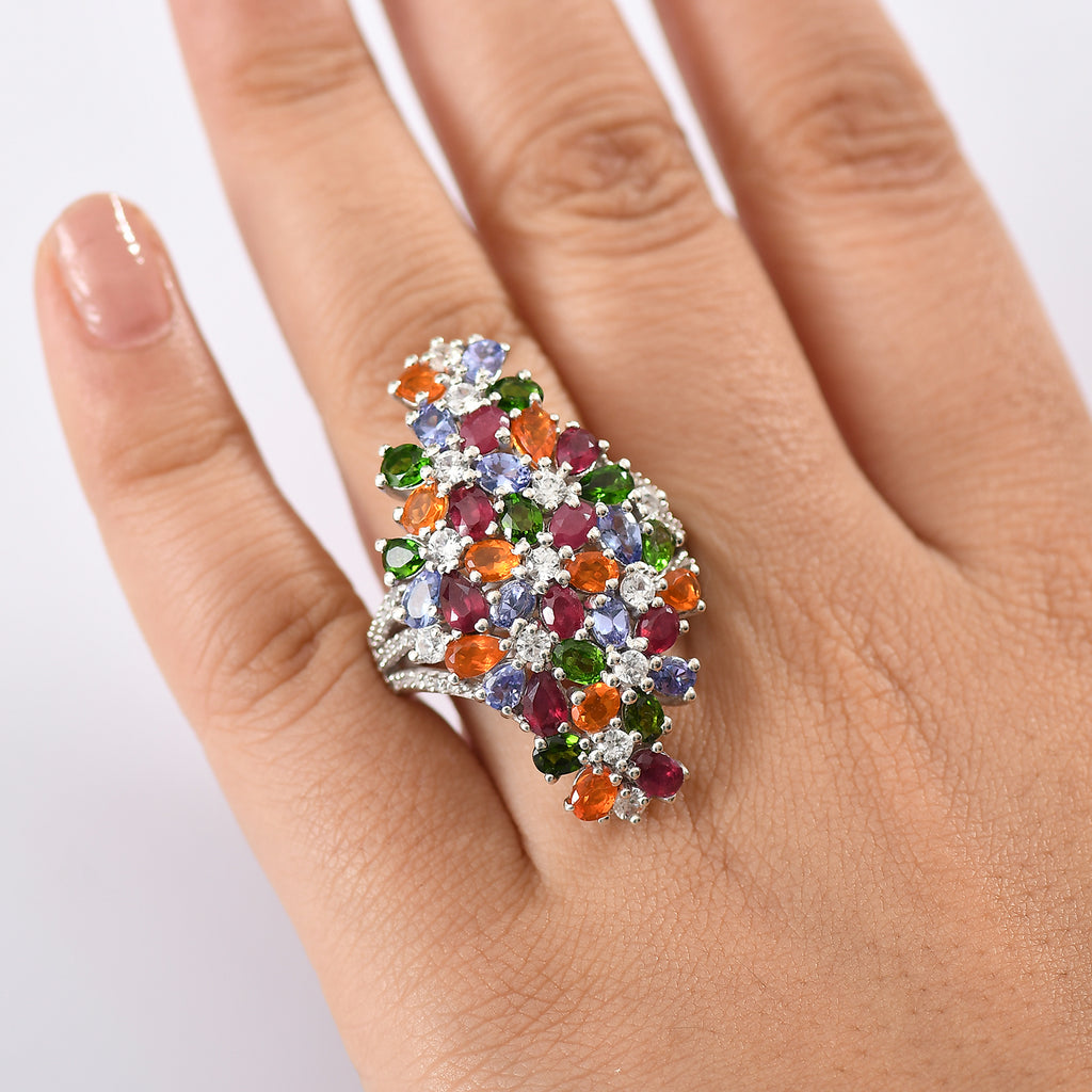 Tanzanite, Fire Opal & Multi Gemstones Ring in Rhodium Overlay Sterling Silver 8.34 Ct, Silver Wt.9.83 Gms._8163235_2