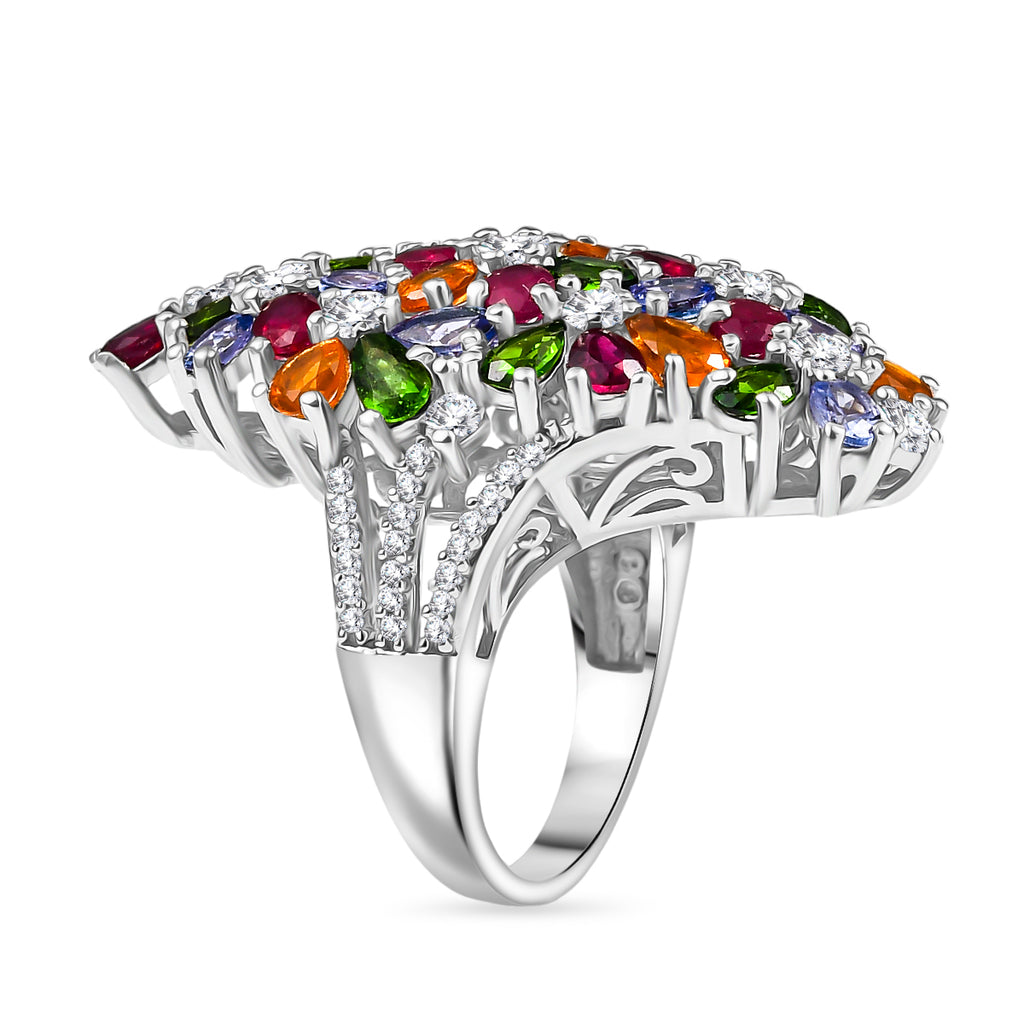 Tanzanite, Fire Opal & Multi Gemstones Ring in Rhodium Overlay Sterling Silver 8.34 Ct, Silver Wt.9.83 Gms._8163235_3