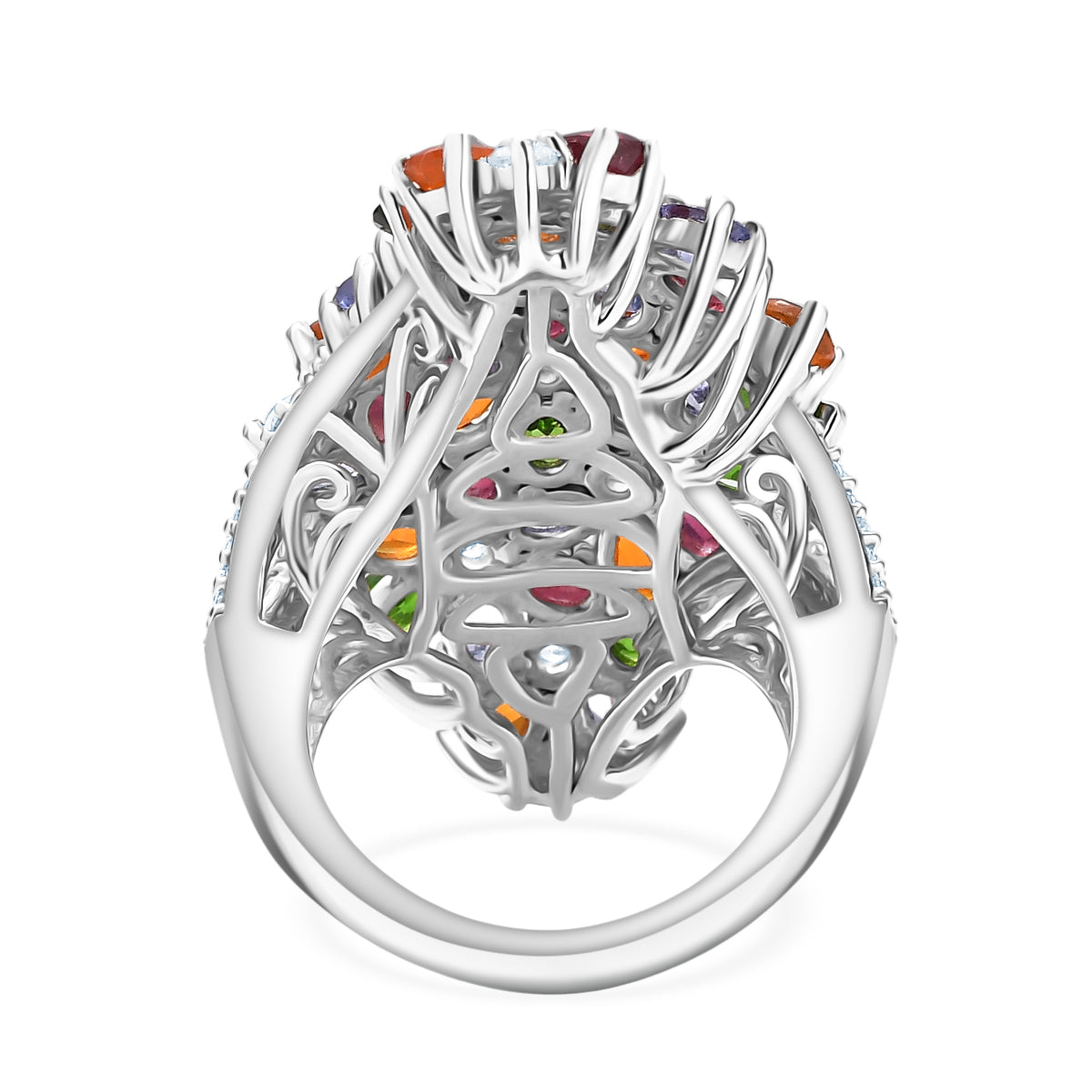 Tanzanite, Fire Opal and Multi Gemstones Elongated Floral Ring in Rhodium Overlay Sterling Silver 8.34 Ct. 8163235 5