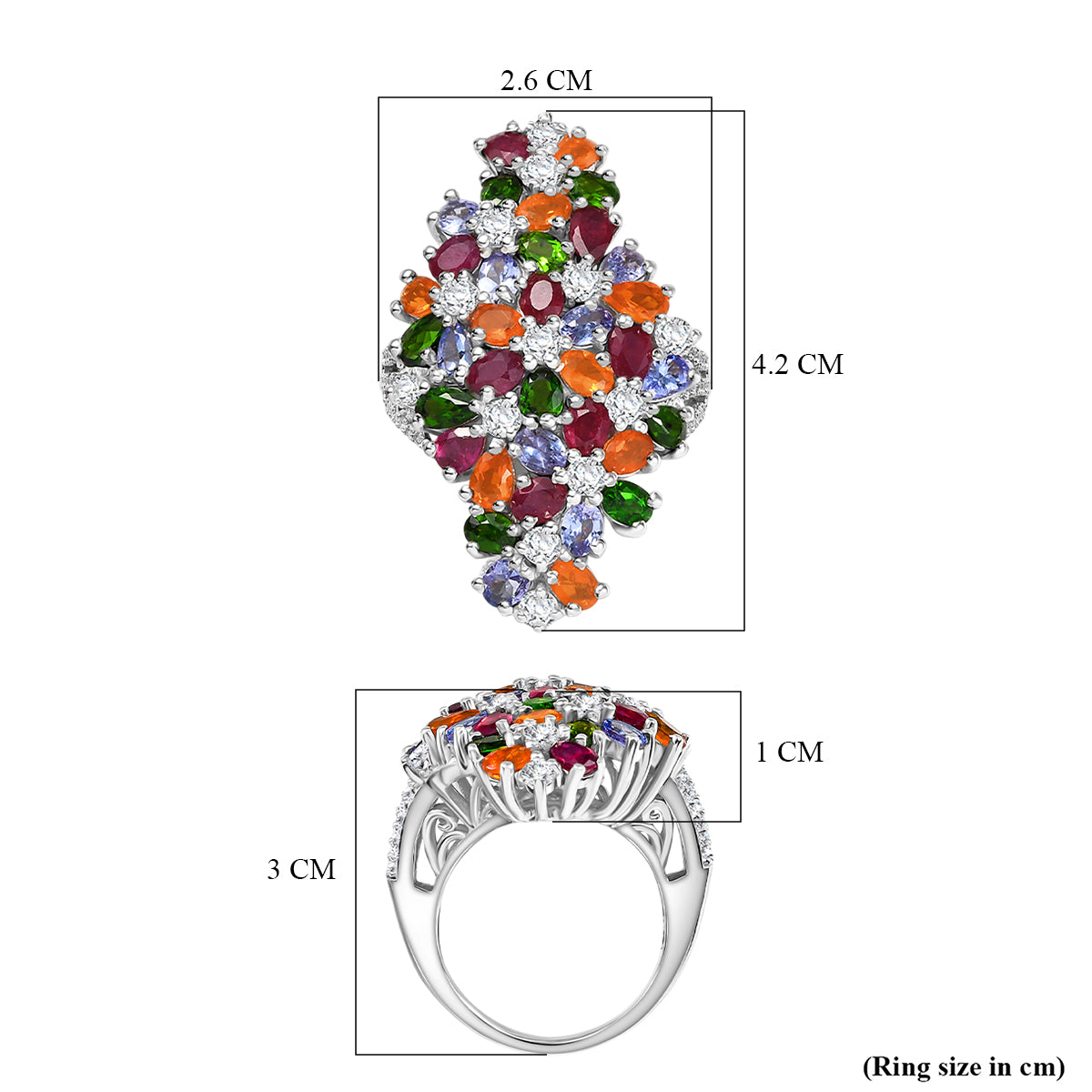 Tanzanite, Fire Opal and Multi Gemstones Elongated Floral Ring in Rhodium Overlay Sterling Silver 8.34 Ct. 8163235 6