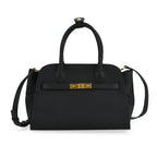 Genuine Leather Structured Top Handle Handbag with Gold Clasp & Shoulder Strap - Black_8163422