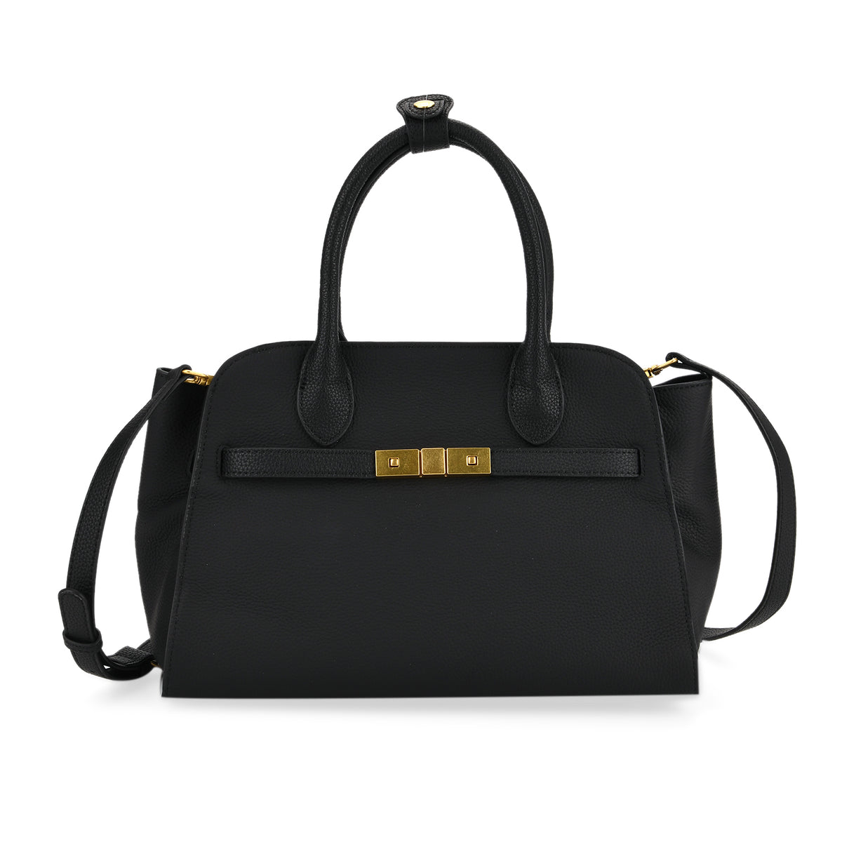 Genuine Leather Structured Top Handle Handbag with Gold Clasp &amp; Shoulder Strap - Black V32643039 0