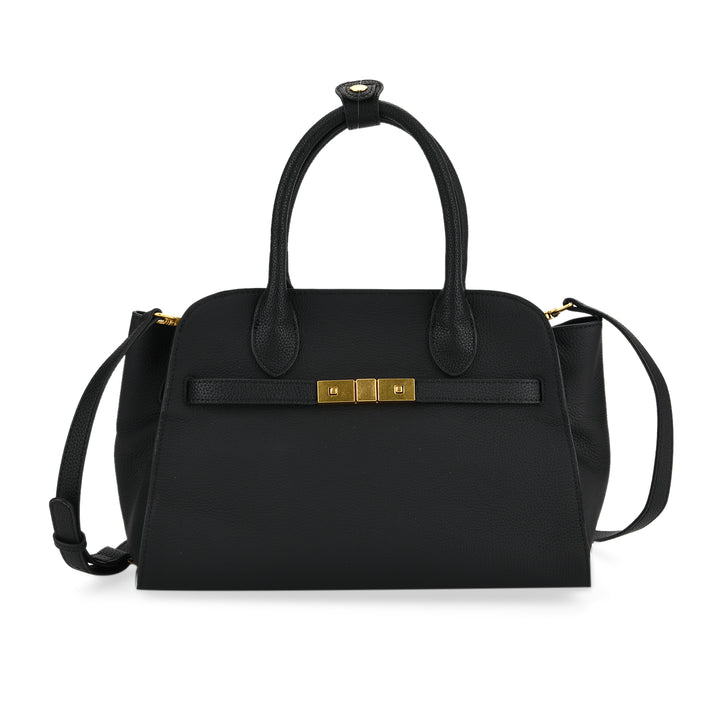 Genuine Leather Structured Top Handle Handbag with Gold Clasp &amp; Shoulder Strap - Black 8163422 1