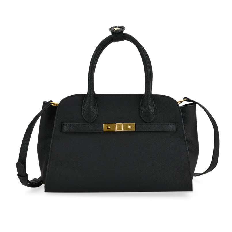 Genuine Leather Structured Top Handle Handbag with Gold Clasp & Shoulder Strap - Black_8163422