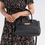 Genuine Leather Structured Top Handle Handbag with Gold Clasp & Shoulder Strap - Black_8163422_2
