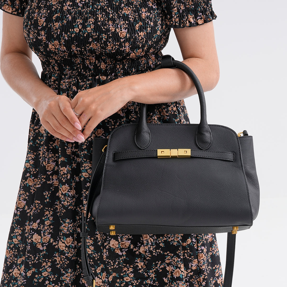 Genuine Leather Structured Top Handle Handbag with Gold Clasp &amp; Shoulder Strap - Black V32643039 3