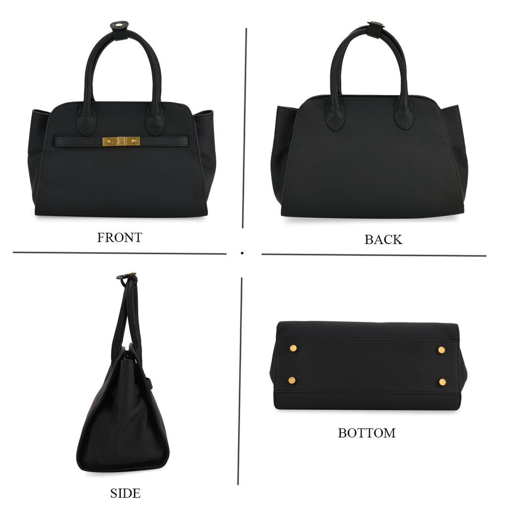 Genuine Leather Structured Top Handle Handbag with Gold Clasp & Shoulder Strap - Black_8163422_3