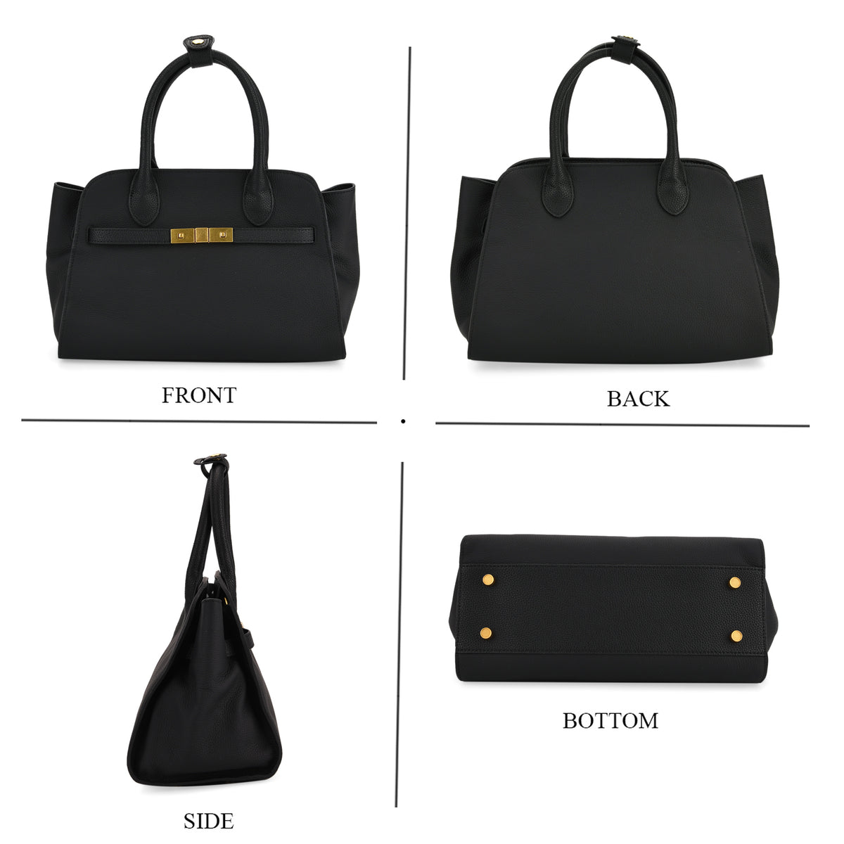 Genuine Leather Structured Top Handle Handbag with Gold Clasp &amp; Shoulder Strap - Black V32643039 4