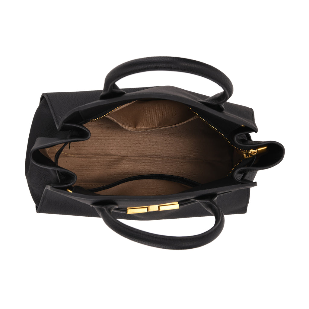 Genuine Leather Structured Top Handle Handbag with Gold Clasp & Shoulder Strap - Black_8163422_4