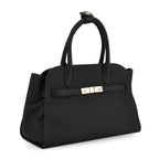 Genuine Leather Structured Top Handle Handbag with Gold Clasp & Shoulder Strap - Black_8163422_6