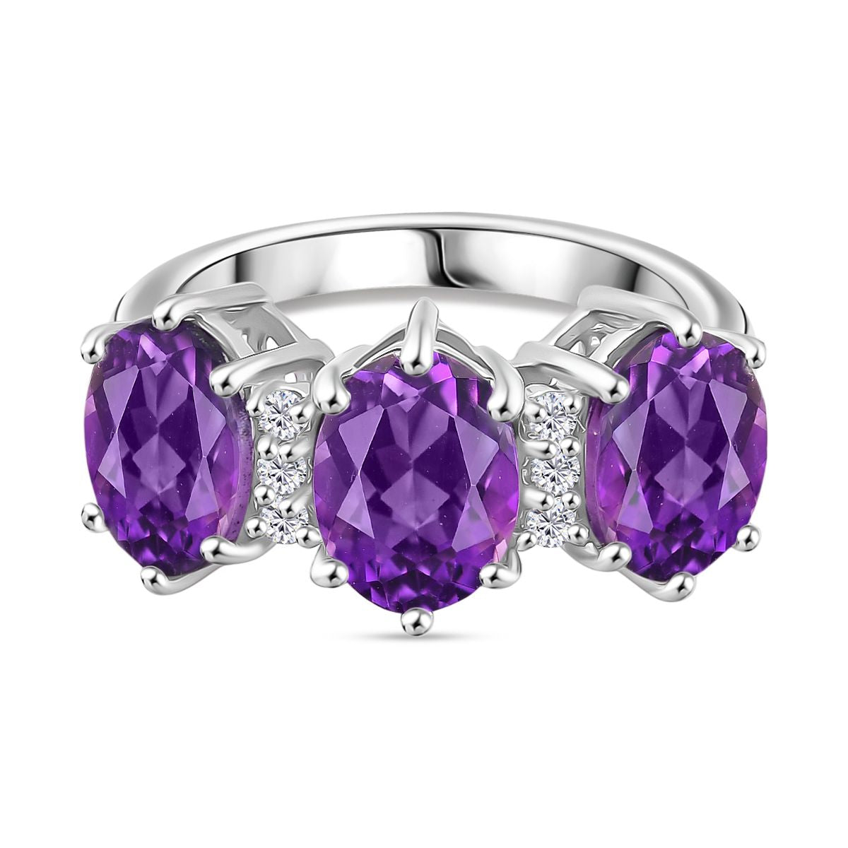 Natural Moroccan Amethyst &amp; White Zircon Trio Bloom Ring in Rhodium Overlay Sterling Silver 3.65 Ct. 8164995 0