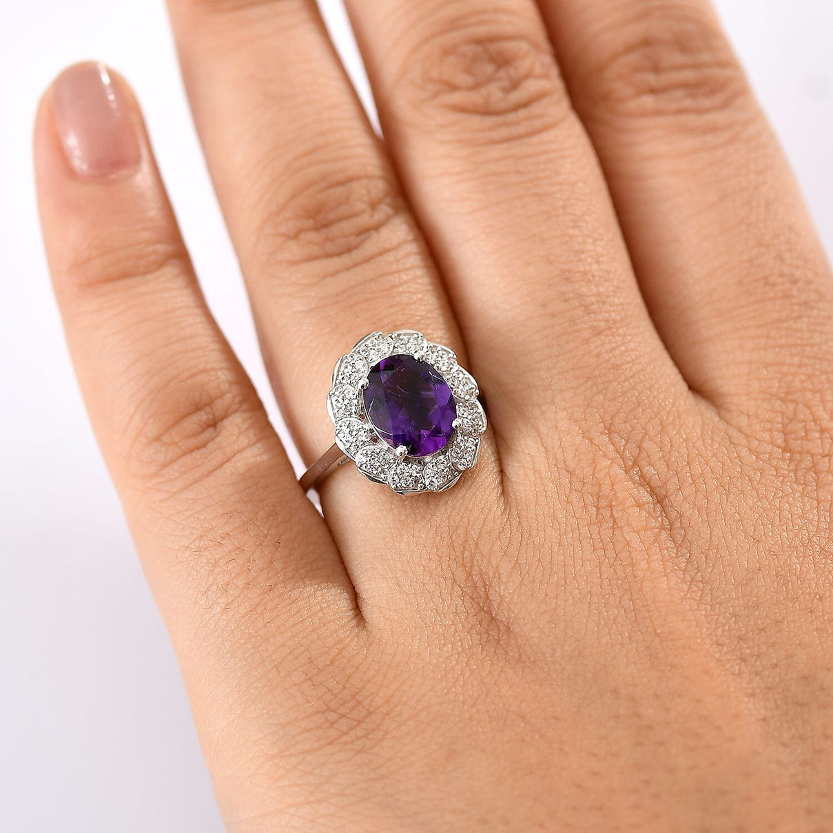 Natural Moroccan Amethyst &amp; White Zircon Royal Blossom Ring in Rhodium Overlay Sterling Silver 3.01 Ct. V32530557 3