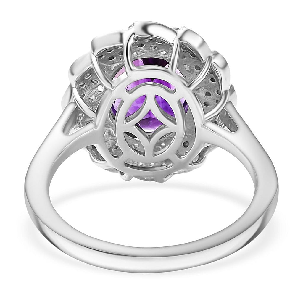 Natural Moroccan Amethyst & White Zircon Royal Blossom Ring in Rhodium Overlay Sterling Silver 3.01 Ct._8165009_4