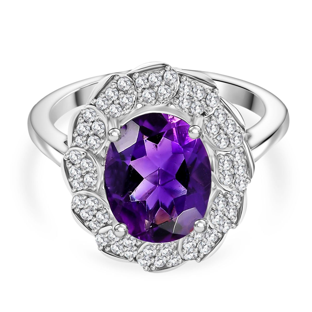Natural Moroccan Amethyst &amp; White Zircon Royal Blossom Ring in Rhodium Overlay Sterling Silver 3.01 Ct. V32585694 0