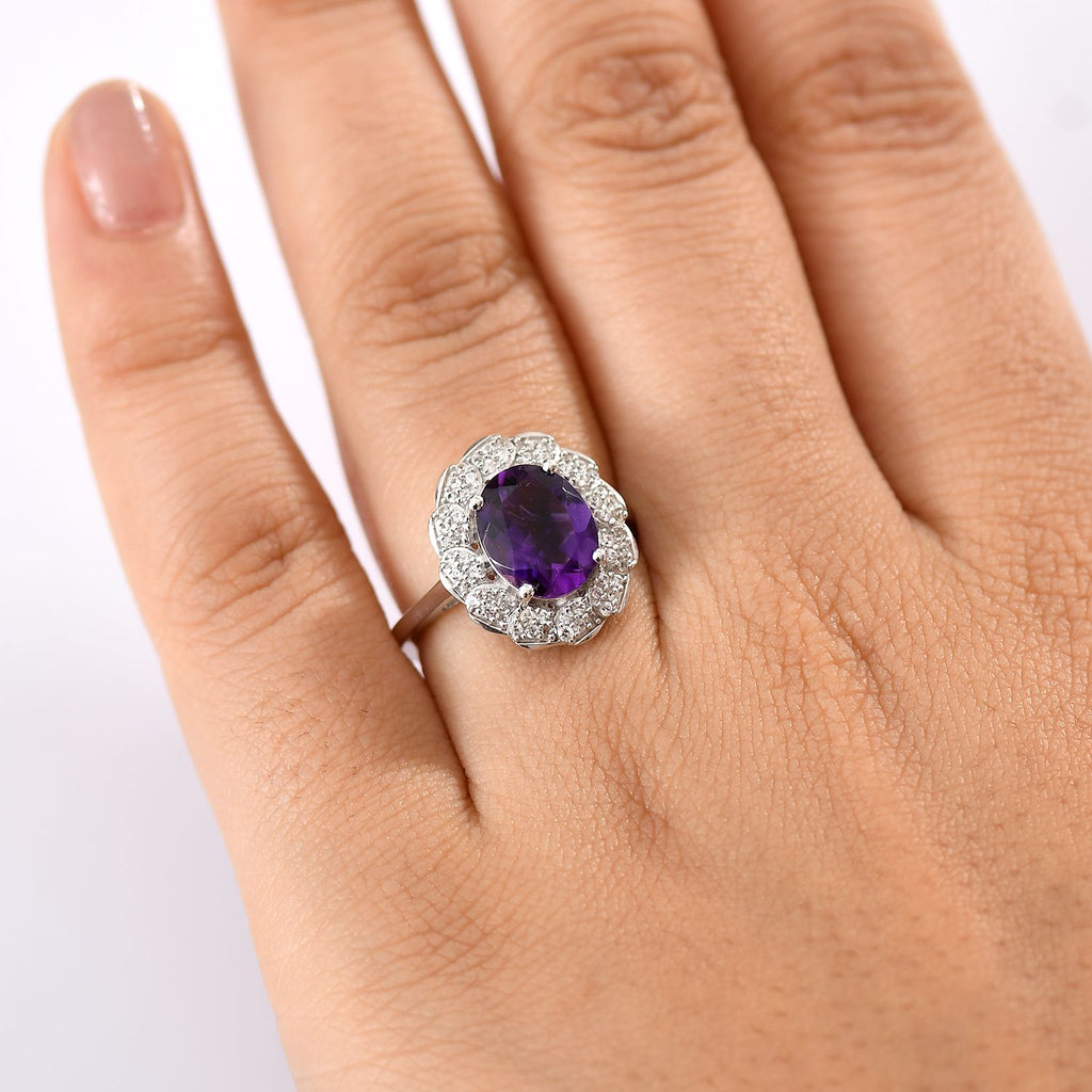 Natural Moroccan Amethyst & White Zircon Royal Blossom Ring in Rhodium Overlay Sterling Silver 3.01 Ct._8165011_2