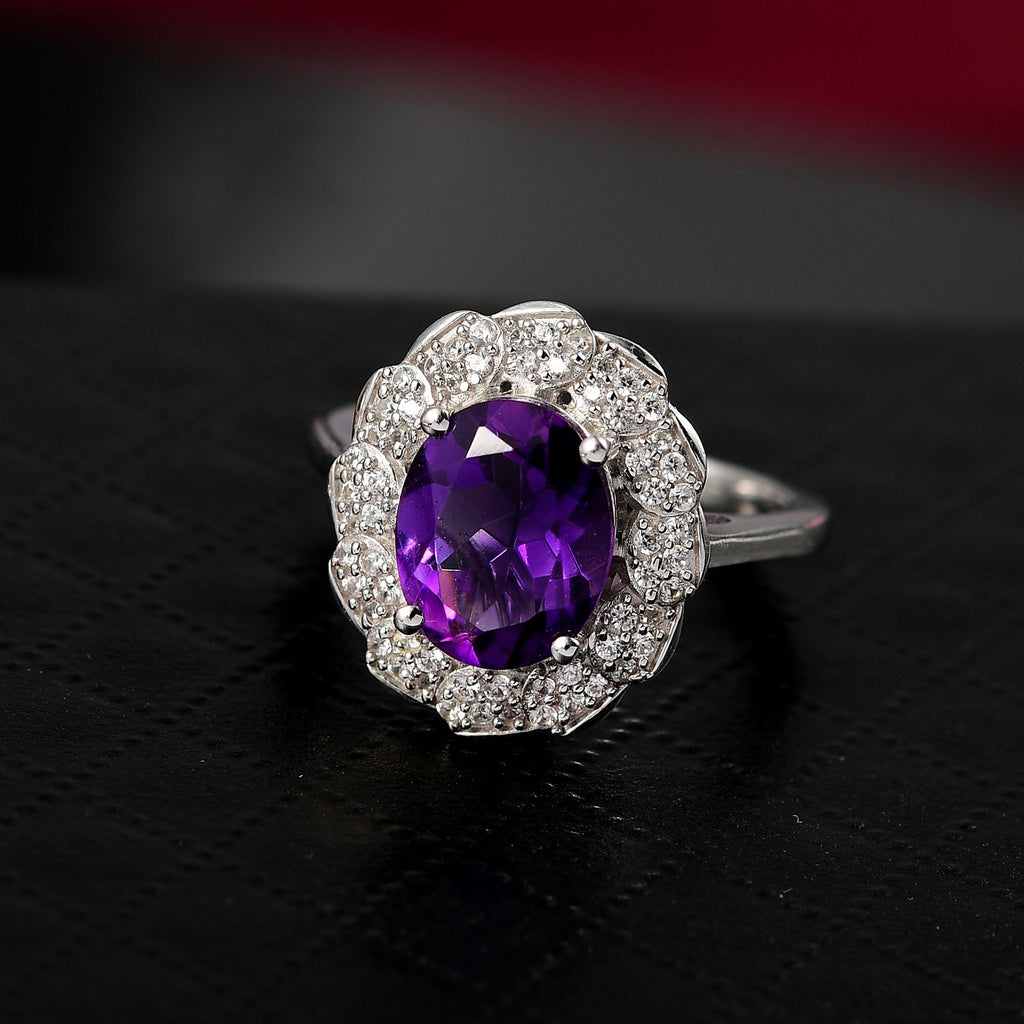 Natural Moroccan Amethyst & White Zircon Royal Blossom Ring in Rhodium Overlay Sterling Silver 3.01 Ct._8165015_1
