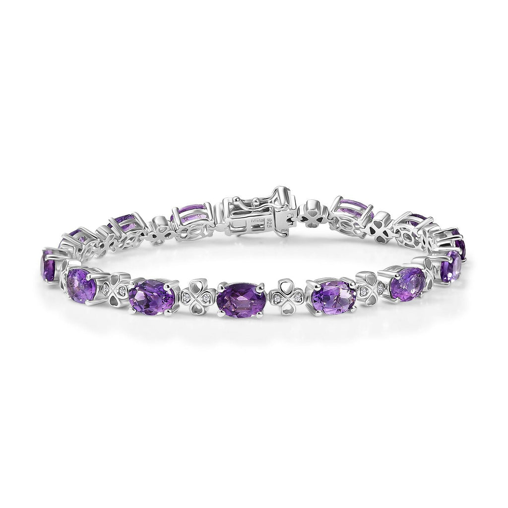 Natural Moroccan Amethyst & White Zircon Floral Grace Linking Bracelet (Size - 7) with GB Lock Box in Rhodium Overlay Sterling Silver 9.66 Ct, Silver Wt.10.10 Gms._8165051